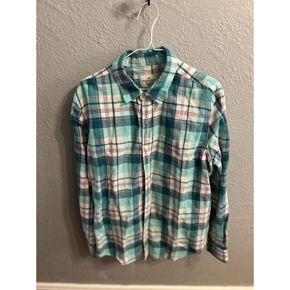 American Eagle Shirt Mens Large Blue Plaid Linen Blend Classic Fit Button Up